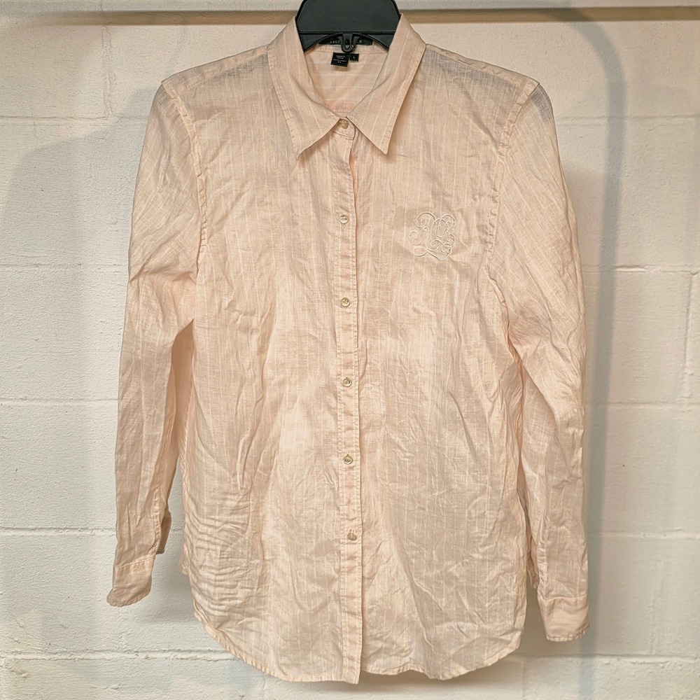 Lauren Ralph Lauren Peach Pinstripe 100% Linen Button Down Shirt Monogram Size L